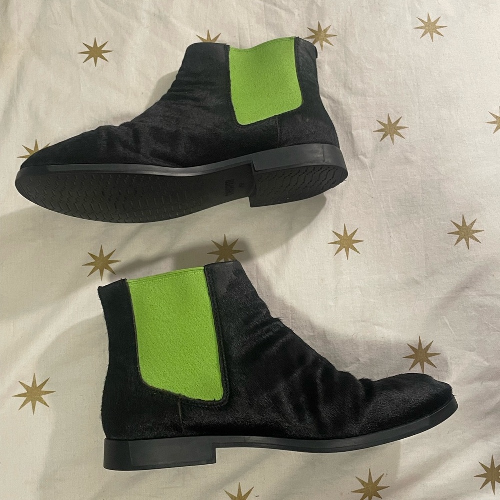 Camper Twins Chelsea Boots  Black Neon Green Calf Fur Leather Dinosaur - Picture 6 of 10